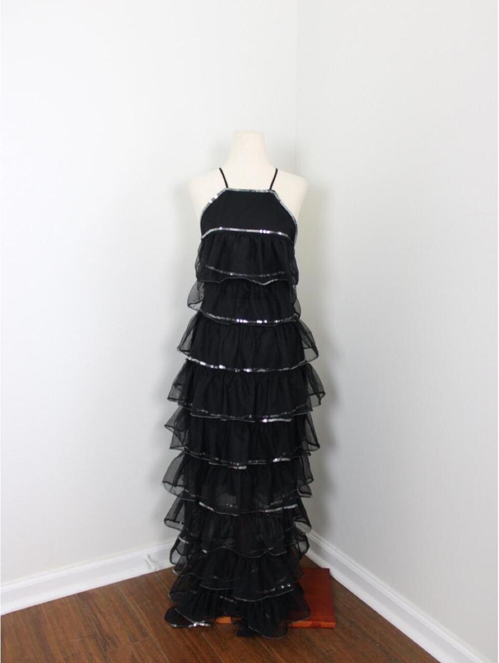 NWT Caché Black sequin maxi tiered dress. Size XS